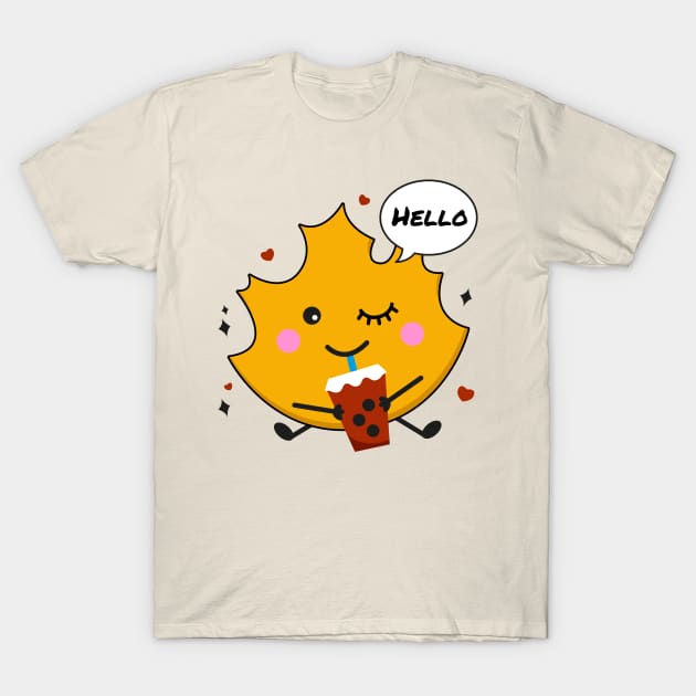 Cute autumn leaf drinking bubble milk tea T-Shirt by Riczdodo